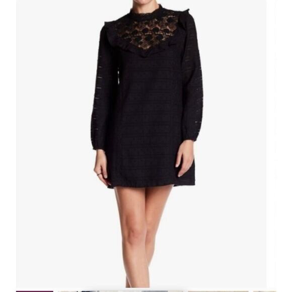Anthropologie Endless Rose Woman Black  Long Sleeve Swiss Dot Ruffles Dr… - Picture 1 of 7